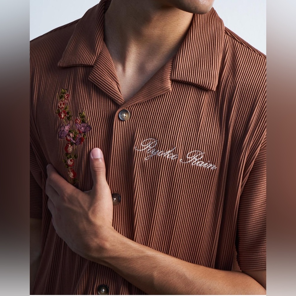 Ryoko Rain Pleated Button Shirt Open Collar Brown Men’s Size Large
